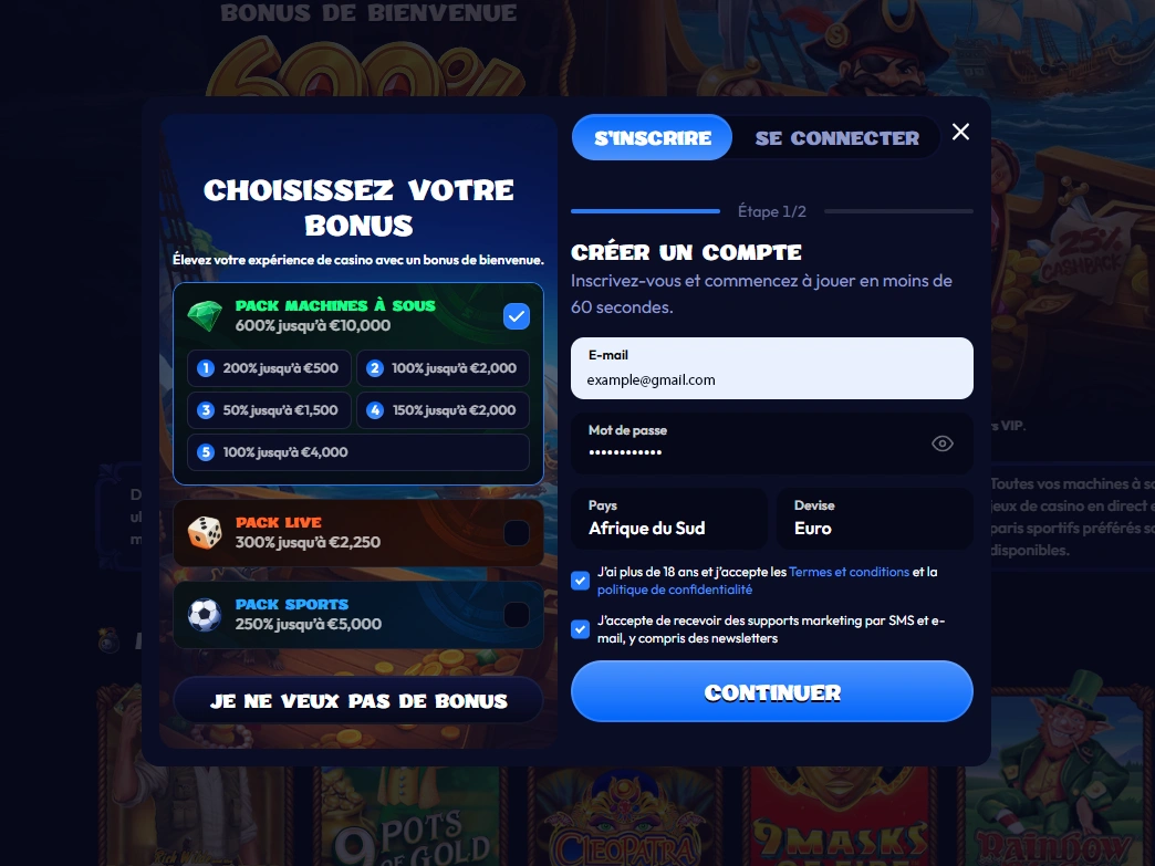 Formulaire d'inscription affichant l'étape 1 sur 2 avec les champs e-mail et mot de passe