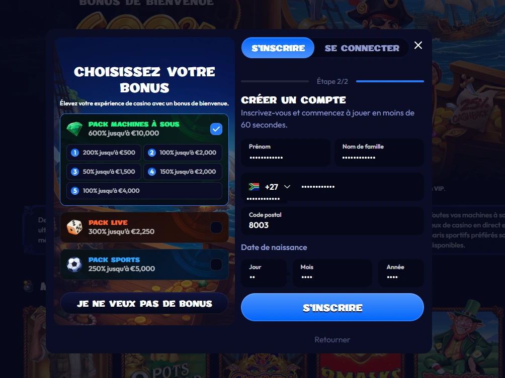 Formulaire d'inscription affichant l'étape 2 sur 2 avec les champs prénom, nom et téléphone